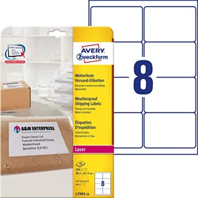 Image de AVERY Zweckform L7993 25 Lot de 200 étiquettes d&#039;expédition résistantes aux intempéries Format A4 99,1 x 67,7 mm Blanc