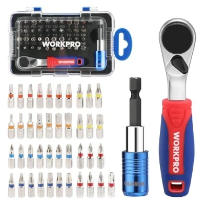 Image de WORKPRO Mini Clé à Cliquet 1/4&quot; Réversible 60 Dents, 41 Embout de Tournevis Colorés et Porte Changement Rapide pour Serrage Réparation