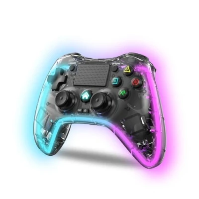 Image de NK Manette pour PS4 / PC/Android sans fil avec 2 Shock, 6 axes, boutons MACRO, 7 Modes de Lumière LED, Pavé Tactile, Prise Casque, Câble Charge inclus Noir Transparent