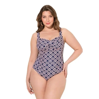 Image de Ulla Popken Badeanzug, Drapiert, Softcups, Recycelt Maillot de Bain Une pièce, Marine, 56 cm Femmes