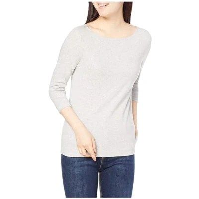Image de Amazon Essentials T Shirt Col Bateau Uni Coupe Ajustée à Manches 3/4 Femme, Gris Clair Chiné, XL