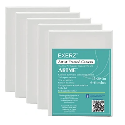 Image de EXERZ 15x20cm Toiles pré étirées 5 pièces 1,7cm D&#039;épaisseur à Peindre Encadrées/ 280GSM/ 100% Coton/Triplement Apprêtée/Sans Acide/Grain Moyen/ Peinture Huile/Gouache/Acrylique