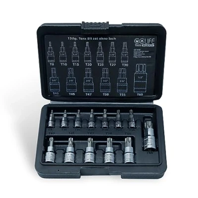 Image de CCLIFE Jeu de 13 embouts Torx douilles à étoilé, T8 T10 T15 T20 T25 T27 T30 T40 T45 T47 T50 T55 T60 entraînement 1/4&quot; 3/8&quot; 1/2&quot;