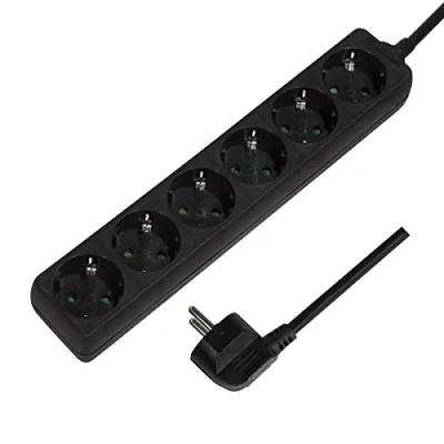 Image de LogiLink LPS238B Multiprise avec 6 prises de terre (angle 45), sécurité enfant et protection contre la poussière (IP20), noire, 1,5 m