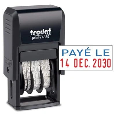 Image de Tampon dateur Trodat Printy 4850L2 PAYÉ LE Encrage automatique rechargeable Encre de couleur bleue et rouge Empreinte nette Format l’impression 25 x 11 mm