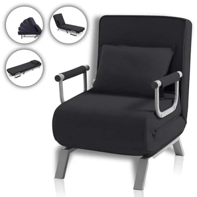 Image de Makika Fauteuil Convertible Lit TED Pliable 3en1 avec Accoudoirs Dossier réglable 5 Positions Oreiller Inclus Jusqu&#039;à 200 kg Chauffeuse Rembourrée Canapé Salon Bureau Chambre Noir