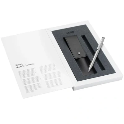 Image de Lamy Lot composé de 1 stylo à bille et crayon ST Twin Pen 645 en acier inoxydable argenté étui cuir véritable noir pour deux stylos