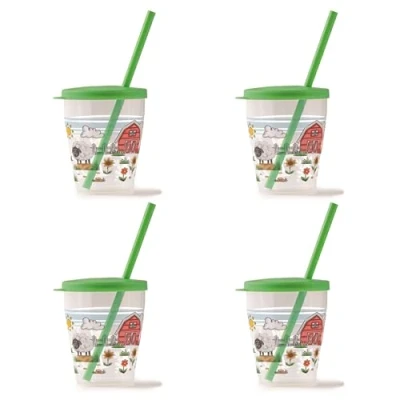 Image de Snips, 4 Verres avec paille, 0,385 litre, pour enfants, réutilisables, Décoration Ferme, Fabriqué en Italie, 0% de BPA, Vert