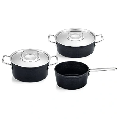 Image de Fissler Adamant Jeu De Faitout/Sautoir/Casserole En Aluminium À Revêtement Anti adhésif, 3 Pièces Dont 2 Avec Couvercle Métallique (1 Faitout, 1 Sautoir, Casserole Queue), Compatible Induction