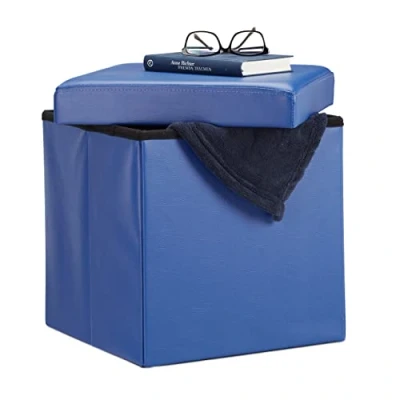 Image de Relaxdays Tabouret pliant similicuir pouf de rangement pliable repose pieds stockage carré 38 x cm, bleu