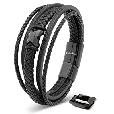 Image de SERASAR Bracelet Homme Cuir Noir 23cm Idée Cadeau Acier Inoxydable Véritable Multi Tissé Réglable Les Hommes Chaîne Tressé Accessoire Jeune Garcon Luxe Cadeaux Saint Valentin Large Classic
