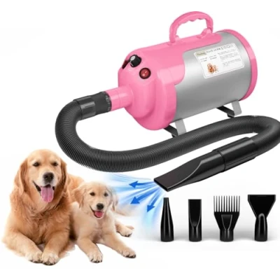 Image de Blanlody Sèche Cheveux pour Chien Blower Très Silencieux 5,2 CV / 3800 W Moteur réglable Souffleur de Soins avec 4 Buses différentes Tuyau élastique et Brosse d&#039;entretien