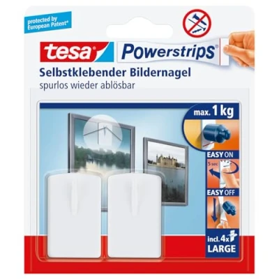 Image de Tesa Powerstrips Crochets de Fixation Auto Adhésifs pour Cadres et Tableaux Supporte des Objets Jusqu&#039;à 1 Kg Amovibles Réutilisables avec les Large Blanc 2 Pièces