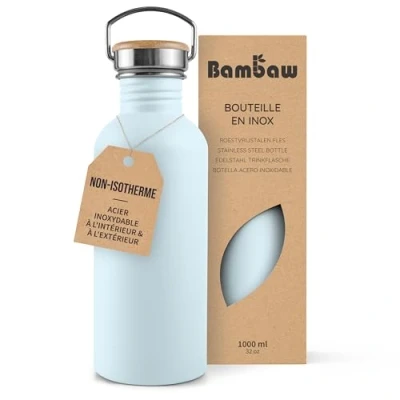 Image de Bambaw Gourde 1l Inox, Bouteille d&#039;Eau Bleu Clair, sans BPA Non Isotherme, Sport 1 Litre, Acier Inoxydable Polaire
