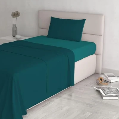 Image de Italian Bed Linen CL NC petr/Verde bott 1P Natural Color Ensemble de draps lit, pétrole/Vert Bouteille, Single, 100 % Coton