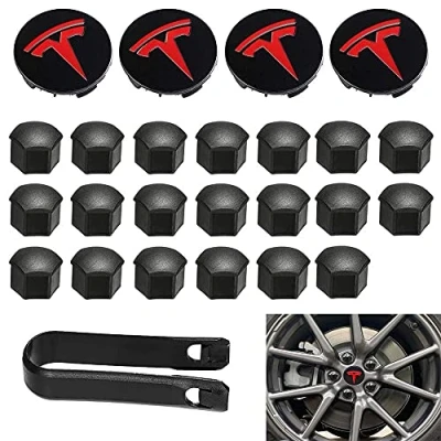 Image de Kit d&#039;enjoliveurs Aero et de cache écrous roue avec logo Tesla pour Model 3, Y (rouge)