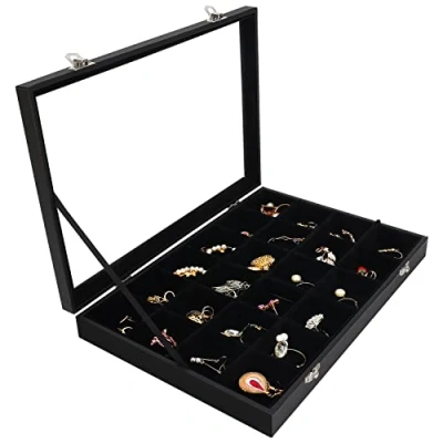 Image de BELLE VOUS Boite a Bijoux en Velours Noir avec 24 Sections et Couvercle Verre Boîte à Empilable Modulable pour Bagues, Colliers, Bracelets, Boucles d’Oreilles Montres