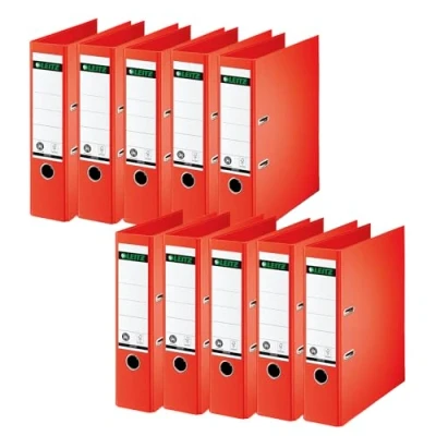 Image de Leitz Lot de 10 classeurs qualité 180 Format A4 Dos 8 cm Couverture spéciale en papier gaufré lin Ange bleu Rouge clair 10070020
