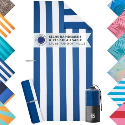 Image de Blumtal Serviette de Plage XXL 90x190 cm Microfibre compacte Serviettes à séchage Rapide Drap Sport Grande Rayures Bleu