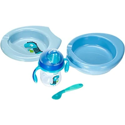 Image de Chicco Coffre Repas Lot de 2 Assiettes pour Bébé dont 1 Aliments Chauds, et Faciles à Manger, plus une Tasse d&#039;Apprentissage Cuillère Souple, dès 6 Mois, Bleu