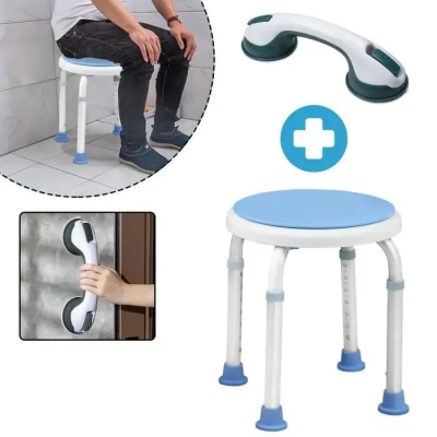 Image de HENGMEI Tabouret de douche pivotant à 360 + poignée baignoire / d&#039;appui ventouses pour et bain