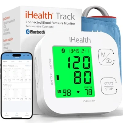 Image de iHealth Track Tensiomètre Bras pour Mesure Tension Artérielle, Pouls 99 Mémoires Affichage 3 Couleurs sur Écran LCD, Brassard Longue Portée Dispositif Médical Bluetooth iOS, Android
