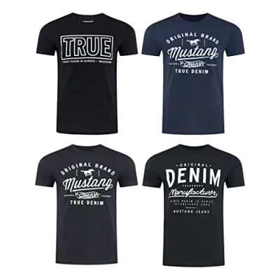 Image de Mustang Lot de 4 t shirts pour homme avec imprimé sur le devant et col rond Mélange couleurs bleu noir Multicolore XX Large