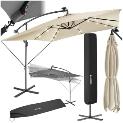 Image de TecTake® Parasol de jardin Exterieur déporté à manivelle 2,5 x m avec éclairage LED solaire, Inclinable, protection UV, Résistant au vent, Housse incluse, Salon