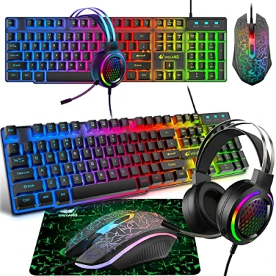 Image de Ensemble Clavier Souris et Casque Gaming, Rétroéclairé Coloré LED Filaire, à RGB 7.1 Canaux Son Stéréo, 4 Boutons 2400DPI, Tapis de Souris, Compatible avec PC PS4 Xbox, Noir