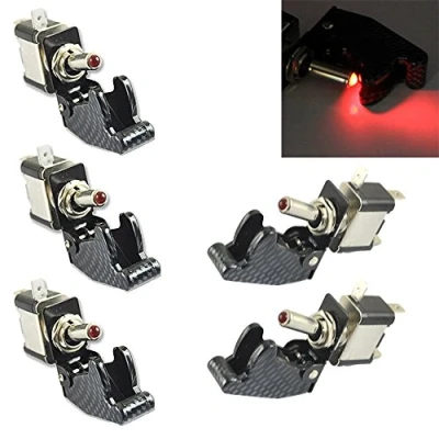 Image de Mintice 5 X Interrupteur Commutateur à Bascule Levier SPST ON/OFF Couvercle Fibre Carbon Rouge Lumière LED 20A 12V pour Voiture Camion Bateau Moto