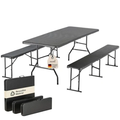 Image de Skandika Table Pliante/Banc Pliable/Set MASI Banc Max 300 kg, de Jardin 200 matériau HDPE recyclé, Pliable, résistant aux intempéries, 180 cm Meubles Balcon, (Set, Noir)