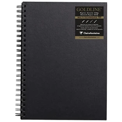 Image de Clairefontaine 34254C Carnet Spiralé Goldline 64 Feuilles Papier Dessin Blanc A4 21x29,7 cm 140g Format Portrait Couverture Rigide Noire Imitation Toile