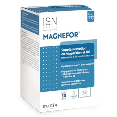 Image de ISN Magnefor® Complément Alimentaire au Bisglycinate de Magnésium, Vitamines B6 et D, Taurine Assimilation Optimale Nervosité &amp; Fatigue Passagère Cure 30 jours