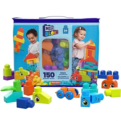 Image de MEGA Bloks Coffret de construction Maxi sac avec 150 gros blocs colorés et 1 rangement, pièces compatibles membres articulés, Jouet d&#039;Éveil, Dès an, HHM96