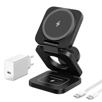 Image de KU XIU 3 en 1 Chargeur sans Fil pour Apple, Pliable Rapide avec Mag Safe, Voyage Station de Charge iPhone 16/15/14/13/12, AirPods et Apple Watch (Adaptateur Inclus)