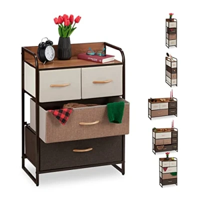 Image de relaxdays Armoires avec tiroirs, 4 à 7 Compartiments, Support, Pliable, Chambre, Commode Nuit, 79 x 58 31,5 cm Brun, Acier, Polyester, MDF, A