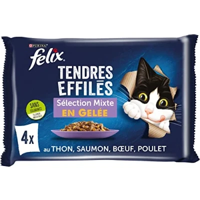 Image de FELIX Tendres Effilés en Gelée Chat Adulte Sélection de Poulet, Bœuf, Thon, Saumon Lot 4 x 85 g Sachet fraicheur