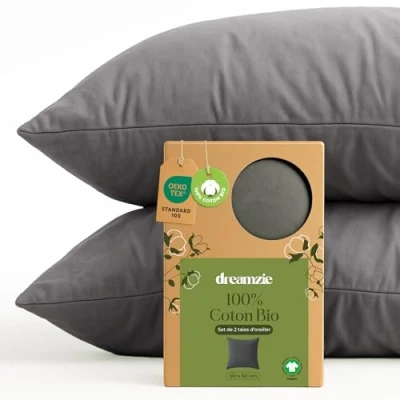 Image de Dreamzie 100% Coton Biologique Taie Oreiller 60x60 cm Bio Lot de 2 Anthracite d&#039;oreiller avec Fermeture Éclair Oeko Tex
