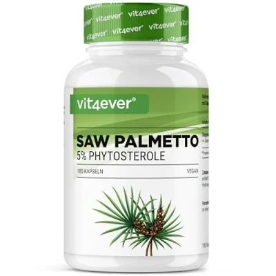 Image de Extrait de palmier nain 180 capsules avec 500 mg d&#039;extrait réel Premium : 5% phytostérols = 25 à haute dose Vegan
