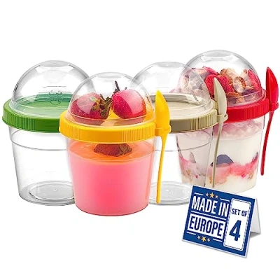 Image de CRYSTALIA Réutilisable Bol Muesli a Emporter Lot 4 100% SANS BPA Yaourt to Go, Lave Vaisselle, Boite Repas à Go avec Cuillère et Couvercles Boîte Déjeuner Bols Avoine