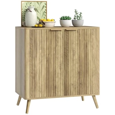Image de HOMCOM Buffet Salon Meuble de Rangement cannelé Style Moderne avec Placard à 2 Portes et étagère réglable Salle Manger Salon, 77 x 40 81 cm, chêne