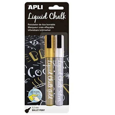 Image de Apli 14847 2 marqueurs liquide craies Utilisables sur tableau vert,fenêtre, ardoise effaçable avec un chiffon humide pointe ronde 5,5 mm couleurs or/argent