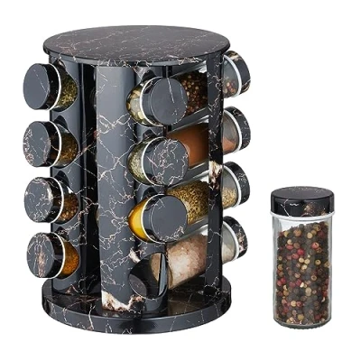 Image de Relaxdays Tourniquet à épices, rotatif, 16 pots réutilisables, chacun avec embout tamiseur, effet marbre, noir