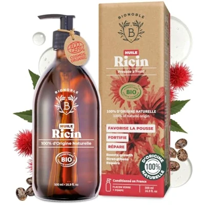 Image de Bionoble Huile de Ricin Bio 500ml + Pompe Bouteille en Verre 100% Pure, Naturelle, Pressée à Froid pour Cheveux Cils Sourcils, Barbe Vegan Castor Oil,