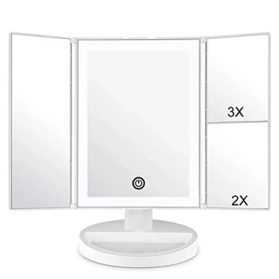 Image de WEILY Miroir de Maquillage avec Éclairage LED et Écran Tactile, Grossissement 1X/2X/3X, Rotation Réglable à 180 , Comptoir Piles Alimenté par USB (Blanc)