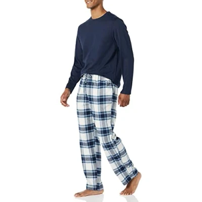 Image de Amazon Essentials Ensemble de Pyjama en Flanelle Douce (Grandes Tailles Disponibles) Homme, Gris Bleu Marine Écossais, L