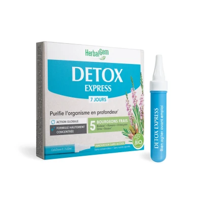 Image de Herbalgem Detox Express 7 Jours Purifie L&#039;Organisme En Profondeur Complément Alimentaire Gemmothérapie Formule Hautement Concentrée Action Globale 5 Bourgeons Frais Bio 7x10ml