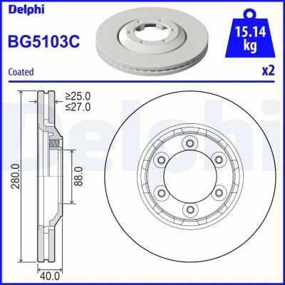 Image de DELPHI BG5103C Disque de frein 280 27 6 ventilé revêtu non traité sans roulement roue, bague ABS ISUZU: D Max II Pick up