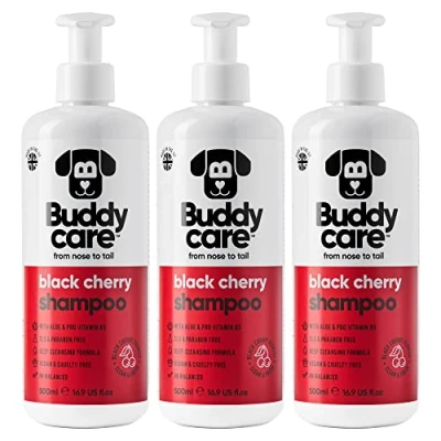 Image de Shampooing Cerise Noire par Buddycare nettoyant en Profondeur pour Chiens Parfum fruité avec de l&#039;aloe Vera et la provitamine B5 (500ml x3)