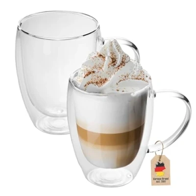 Image de Intirilife 2X Verres Thermo à Double Paroi Set 250 300ml Soufflés la Bouche Isolés pour Cappuccino, Thé Café Tasses Latte Macchiato, Effet Flottant avec Anse